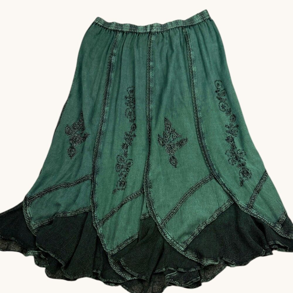 Roaman's 22W Gothic Whimsygoth Embroidered Handkerchief Skirt Green Black